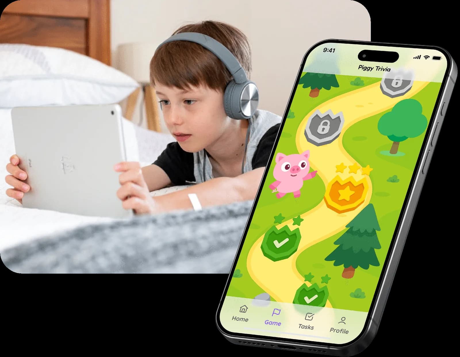 Niño jugando lecciones financieras en la app